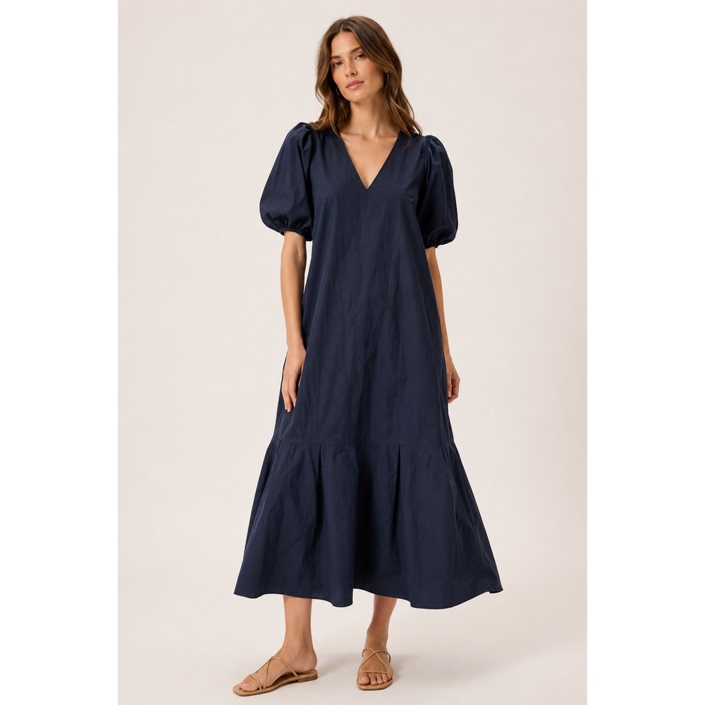 Anna Cate Navy Blue Poplin Cotton V-Neck Puff Sleeve Tiered Maxi Dress XS